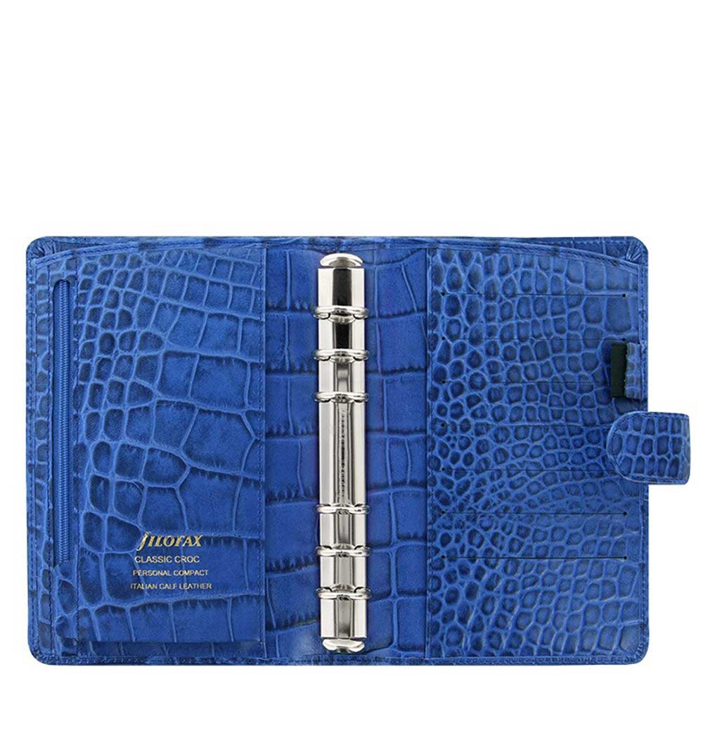 Filofax Classic Croc Print Personal Indigo Leather Organizer Agenda Open