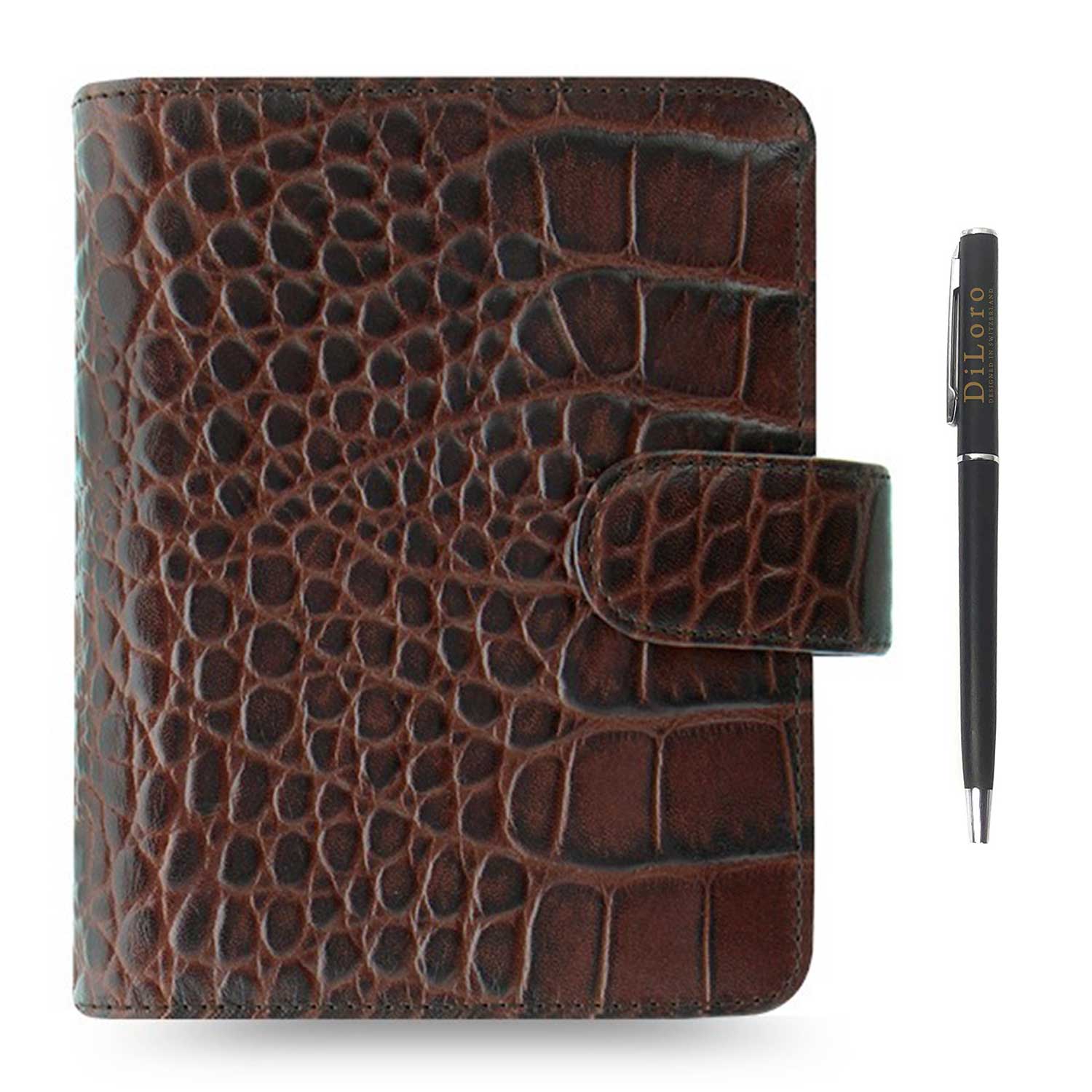 Filofax Classic Croc Print Pocket Chestnut Leather Organizer Agenda with Free DiLoro Ballpoint Pen