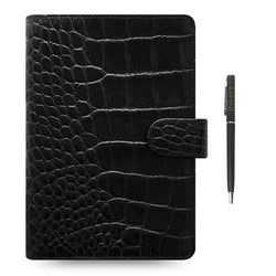 Filofax Classic Croc Print Personal Ebony Leather Organizer Agenda with Free DiLoro Ballpoint Pen