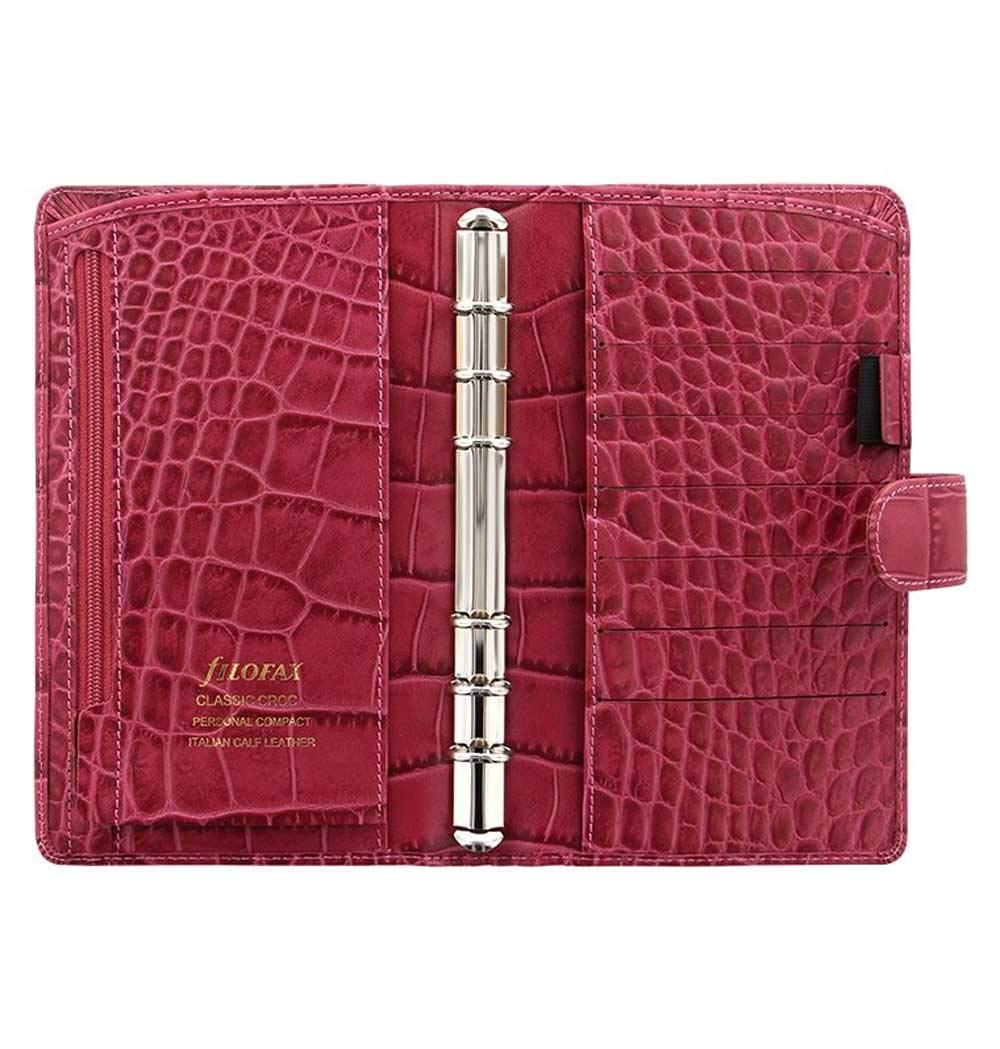 Filofax Classic Croc Print Personal Compact Leather Organizer Fuchsia - Open, Inside View