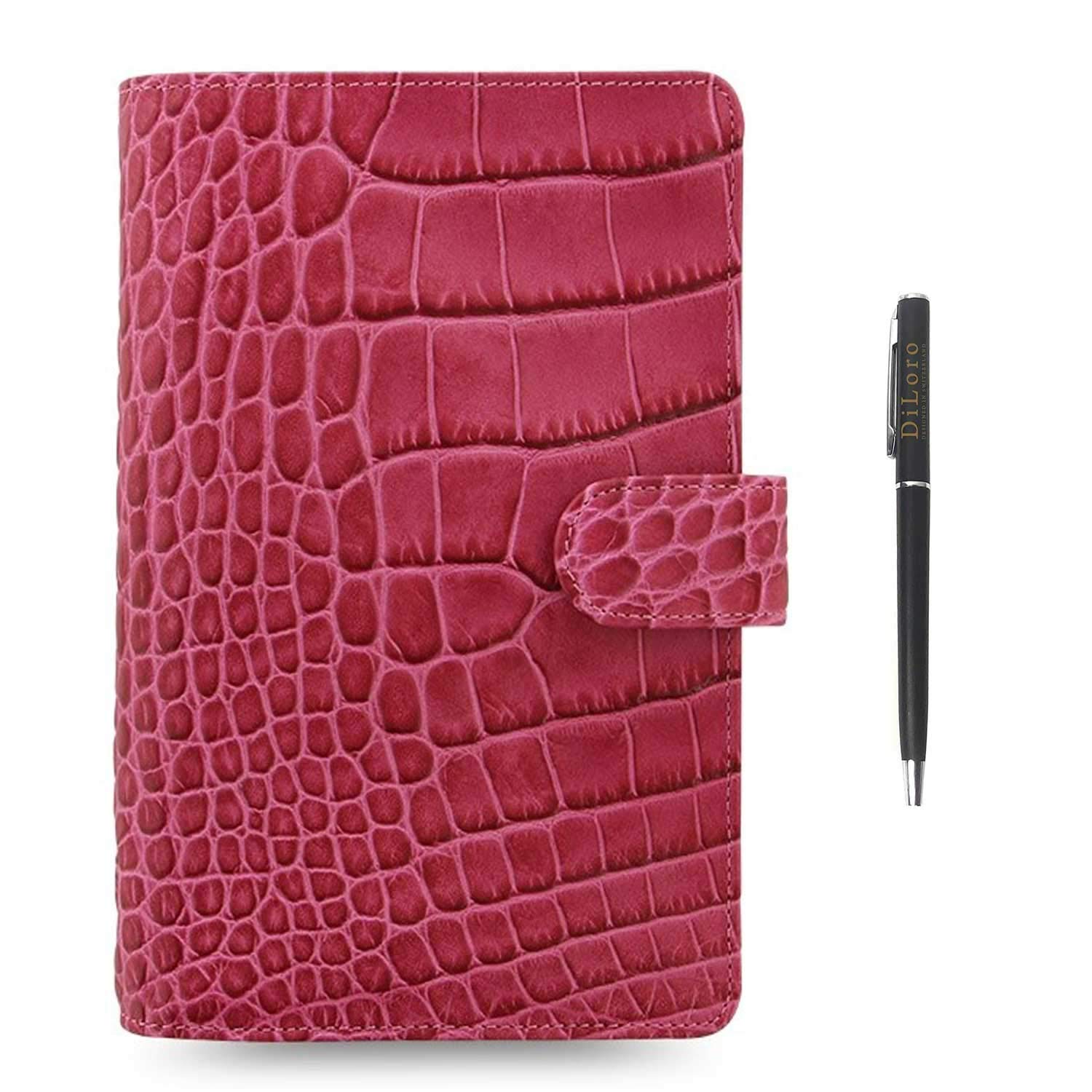 Filofax Classic Croc Print Personal Compact Leather Organizer Fuchsia with DiLoro Ballpoint Pen