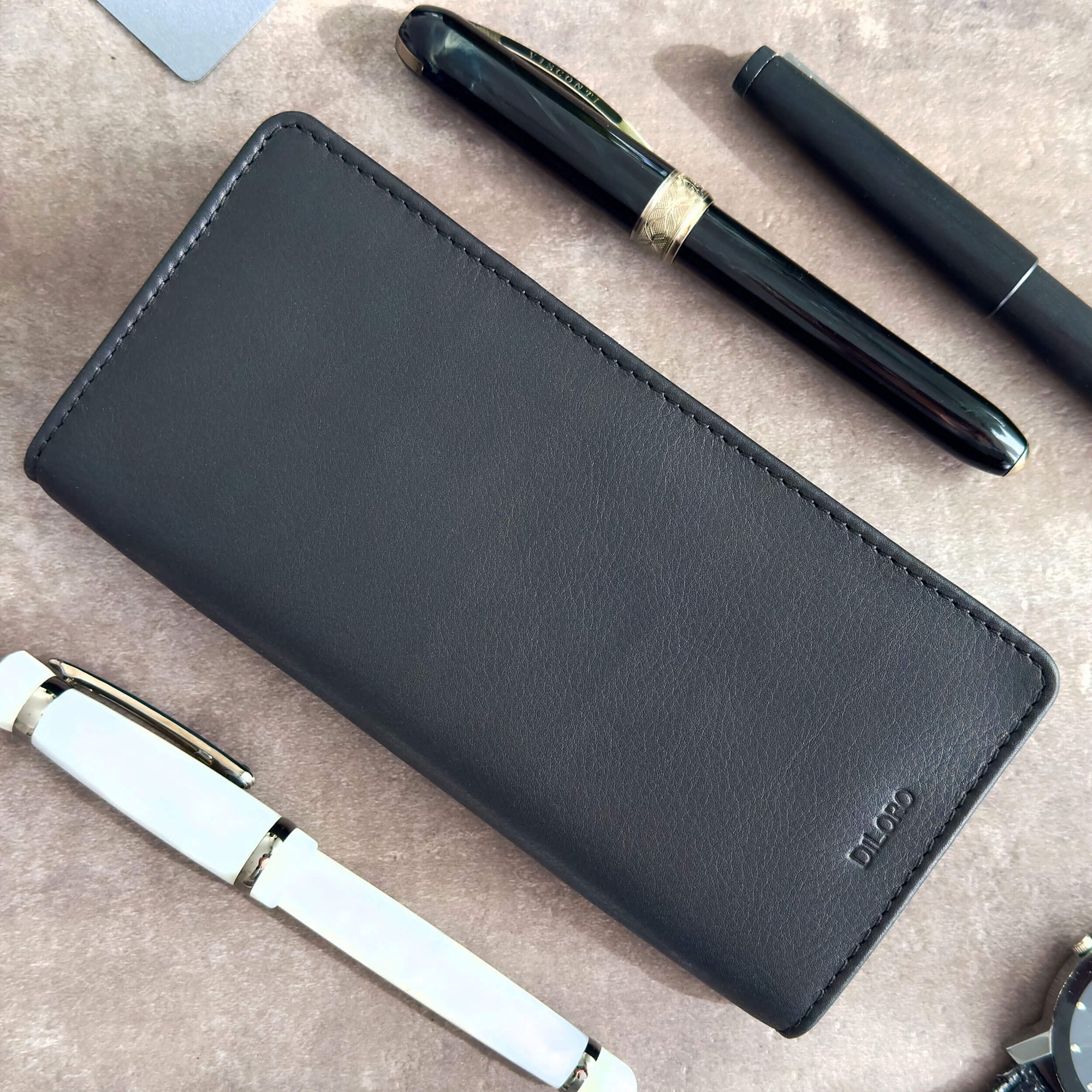 DiLoro Leather Zippered Triple/Quad Pen Case Premium Full Grain Napa Leather