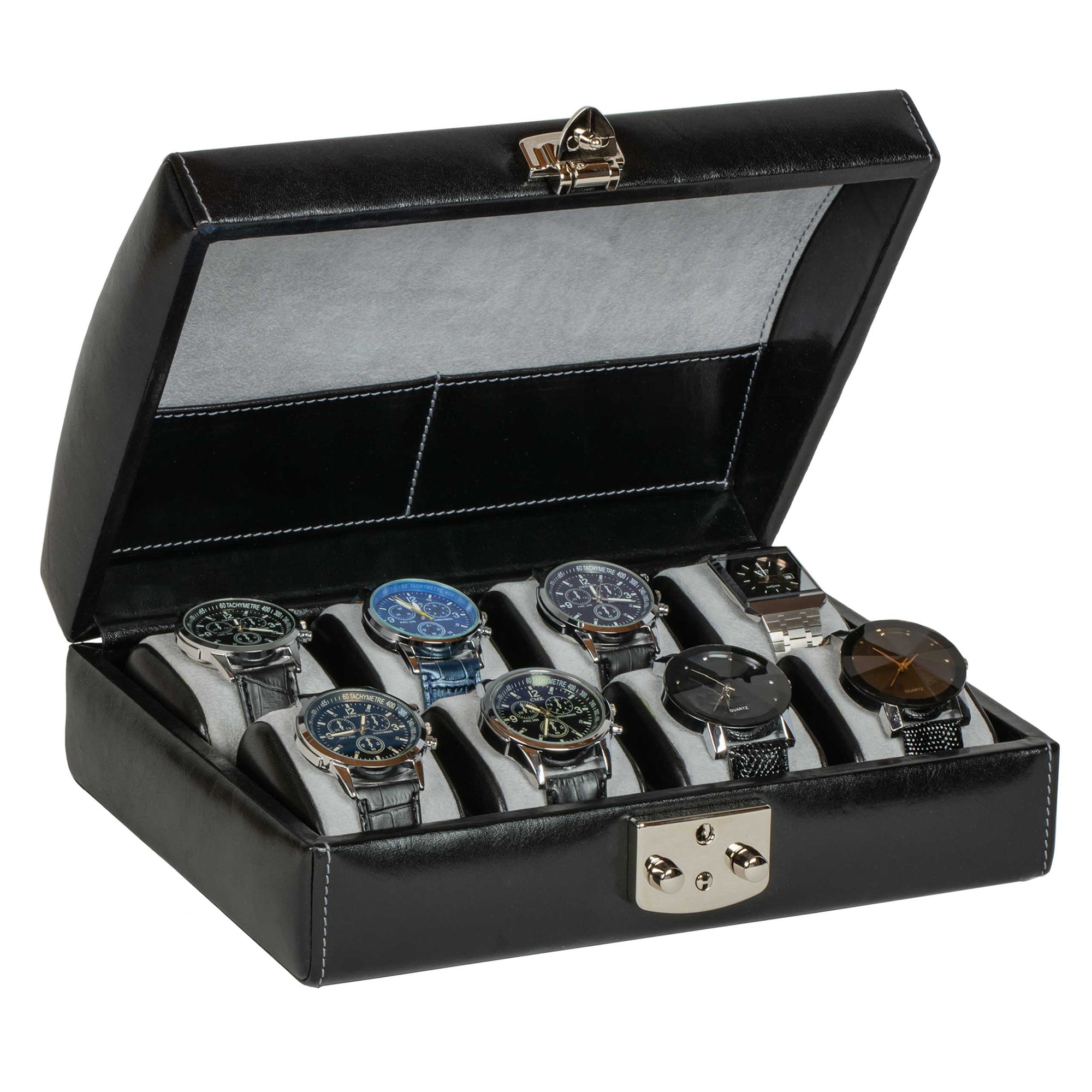 Italian Leather Eight Watch Case Box in Midnight Black - DiLoro Leather