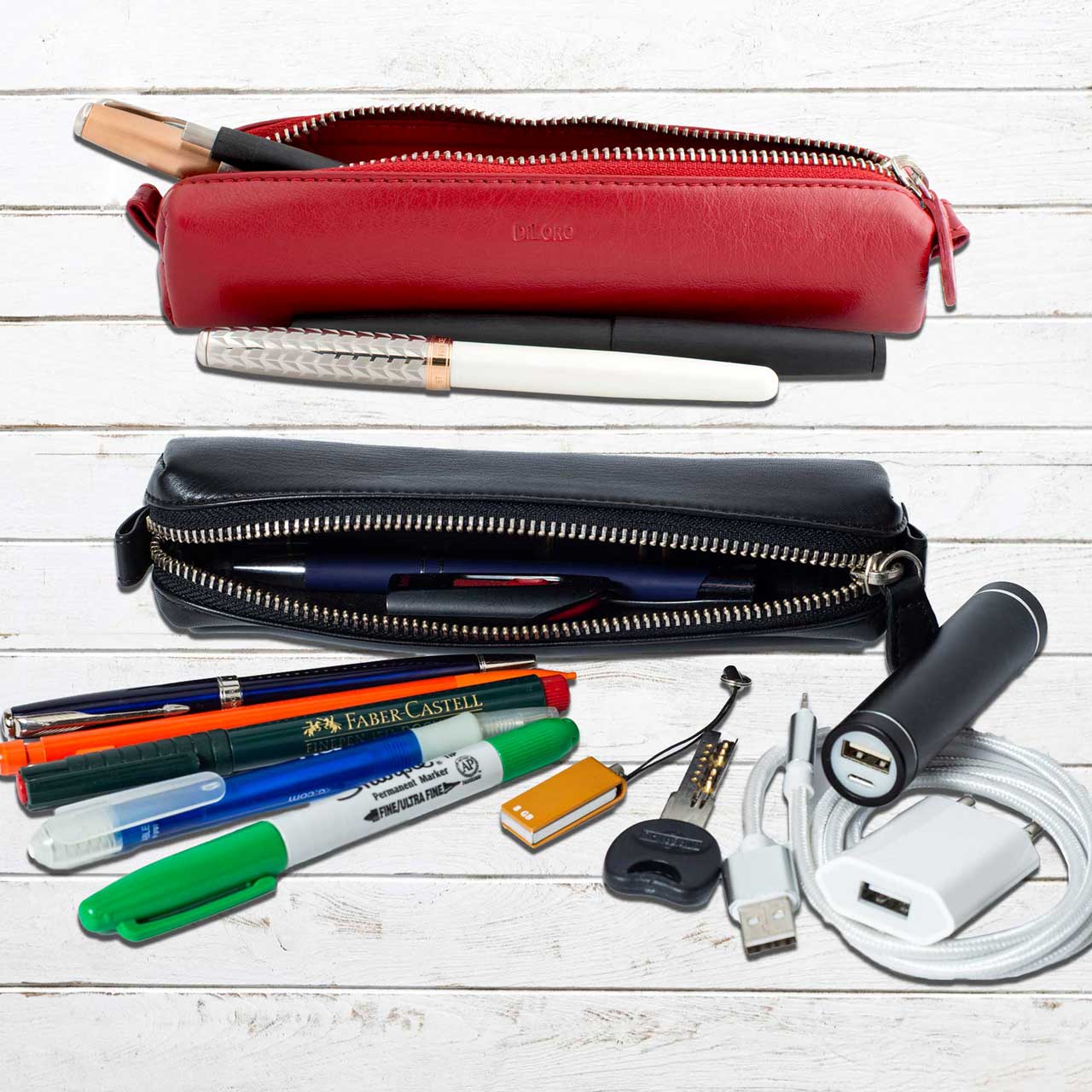 DiLoro Leather Zippered Fountain Ballpoint Rollerball Pens and Pencils Case Holder Pouch Genuine Full Grain Soft Nappa Leather (Red)