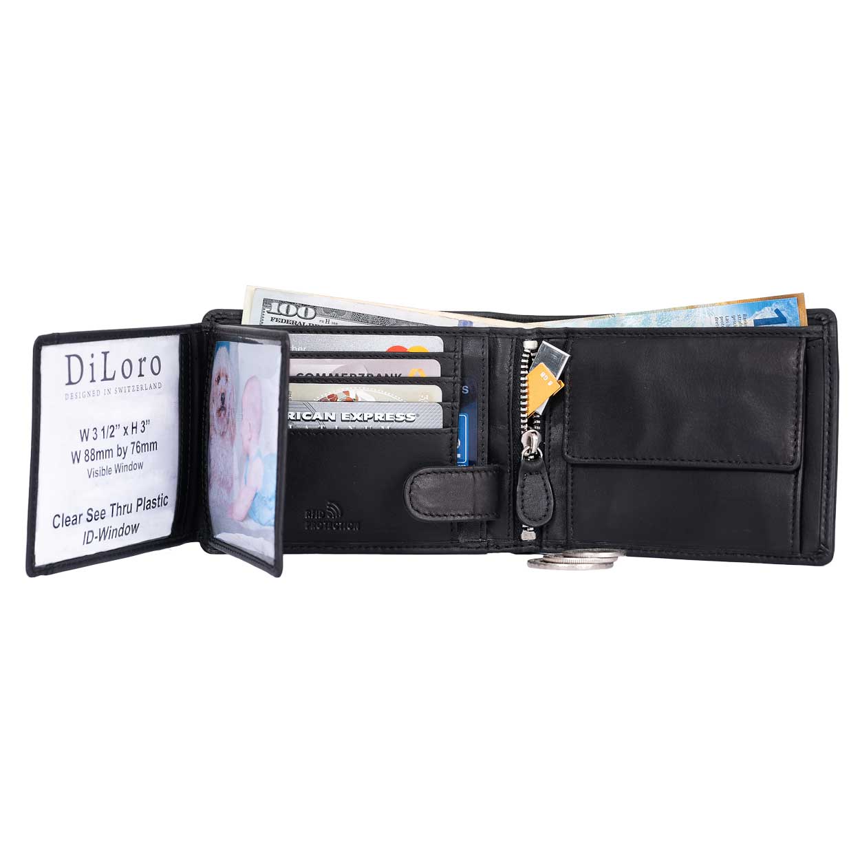 Large RFID Genuine Leather Card Holder Trifold Wallet Snap Closure 3 ID  Windows for men