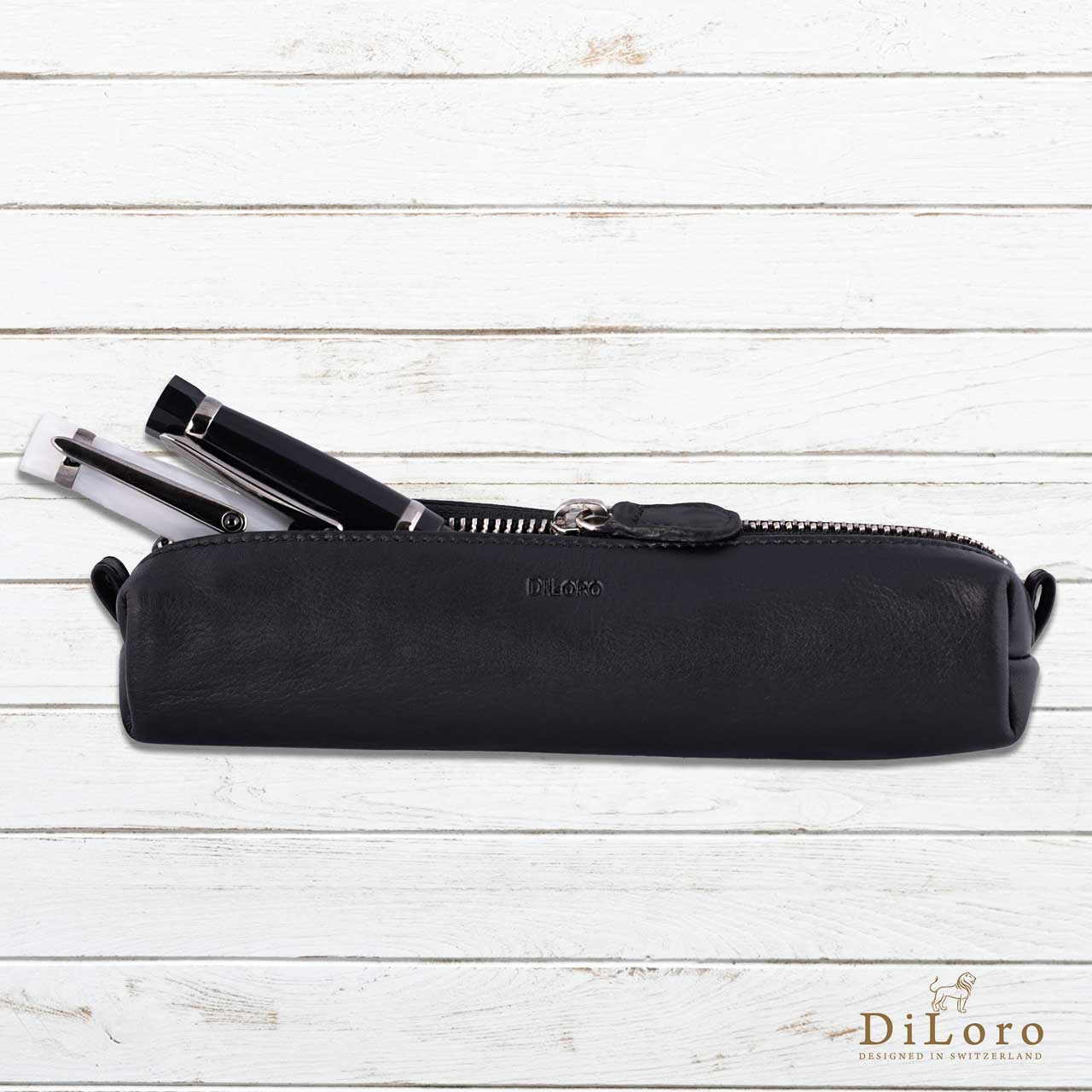 DiLoro Triple Fountain Pen Pencil Holder in Full Grain Leather Dark Brown