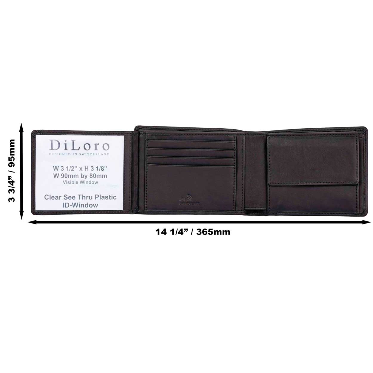 Men Designer RFID Real Leather Wallet with Zip Coin Pocket, ID Window 1180  Black