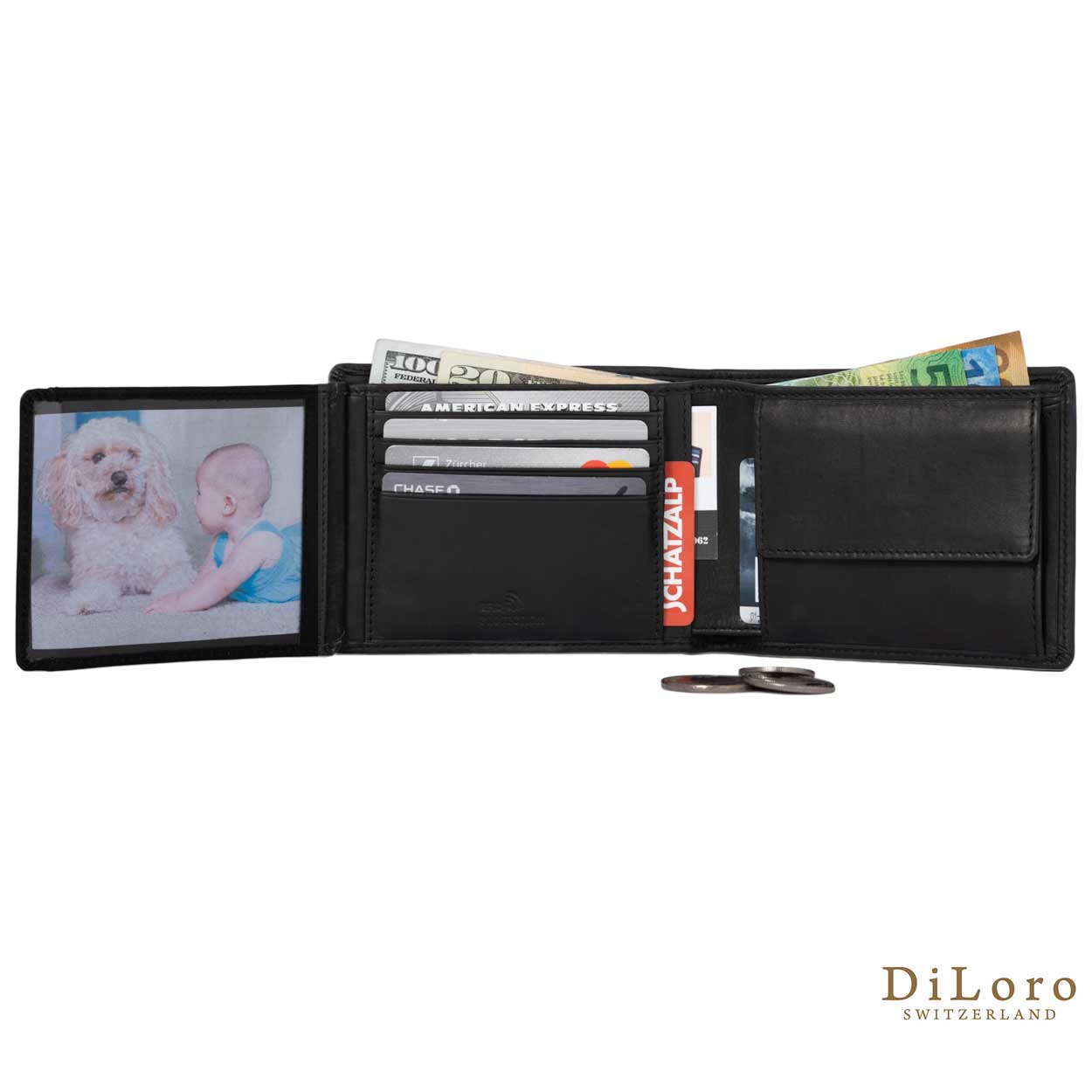 DiLoro Italy Mens Leather Wallet Bifold Flip ID Coin Section RFID Protection